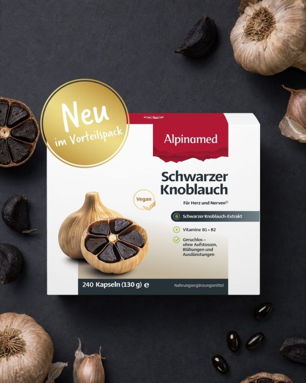 Neu im Vorteilspack! Die Alpinamed Schwarzer Knoblauch Kapseln gibt's jetzt mit 240 Kapseln. Vegan, geruchlos und mit sc...