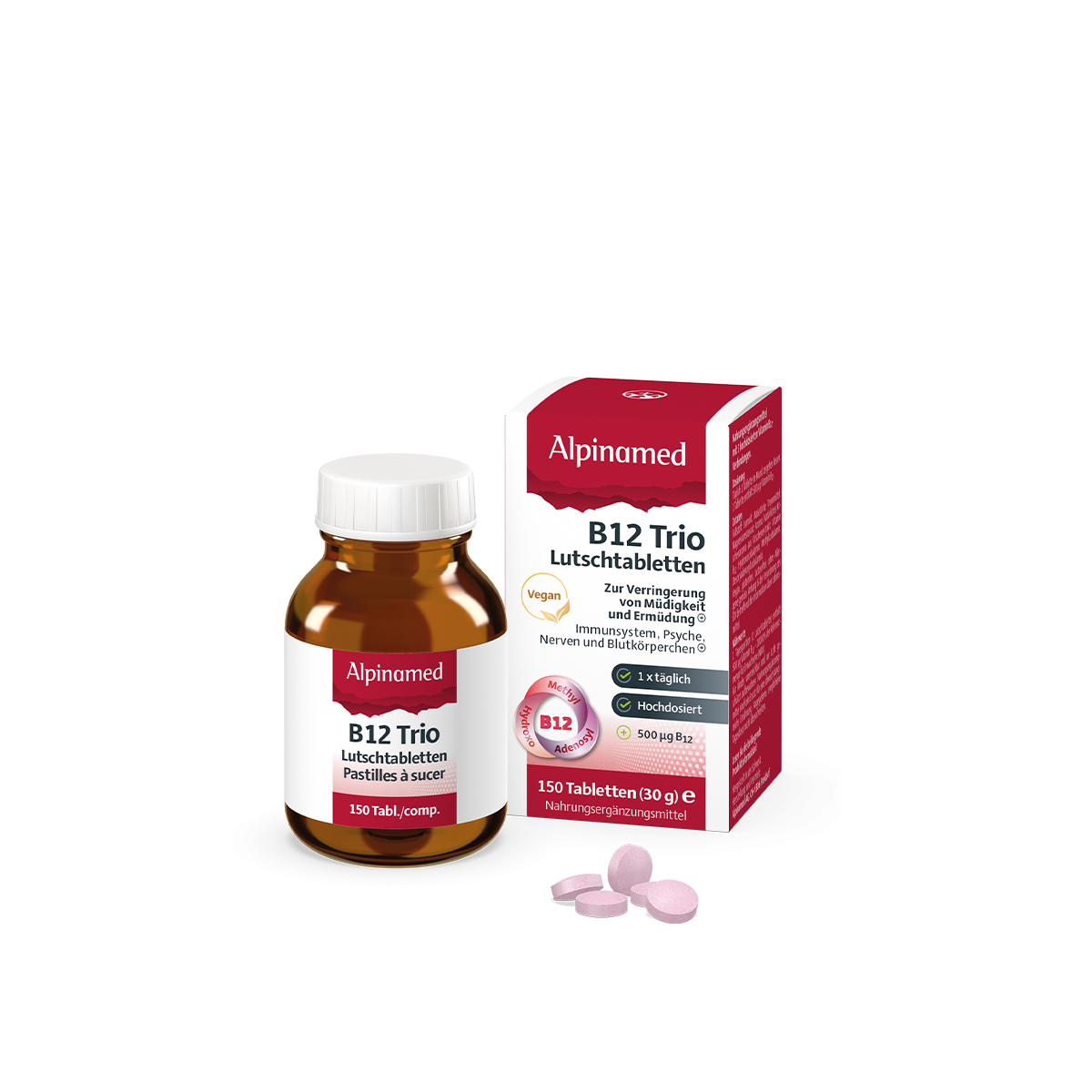 B12 Trio Lutschtabletten / Tabletten als Nahrungsergänzungsmittel mit Vitamin B12 | Alpinamed AG